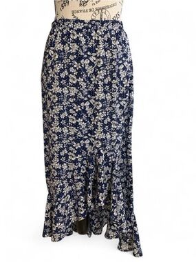 Max Studio Navy And White Floral High-Low Maxi Skirt Women’s Size L Cottagecore